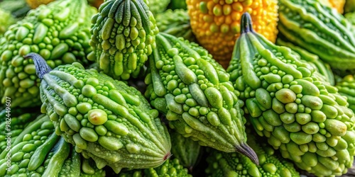 Close-up image of a bunch of bitter gourds, a type of edible fruit with a bumpy and warty texture, commonly used in Asian cuisine. photo