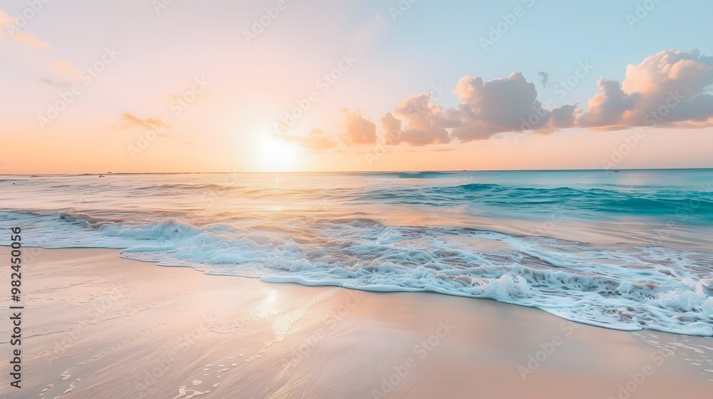 Obraz premium Sunset over a Turquoise Ocean and Sandy Beach.