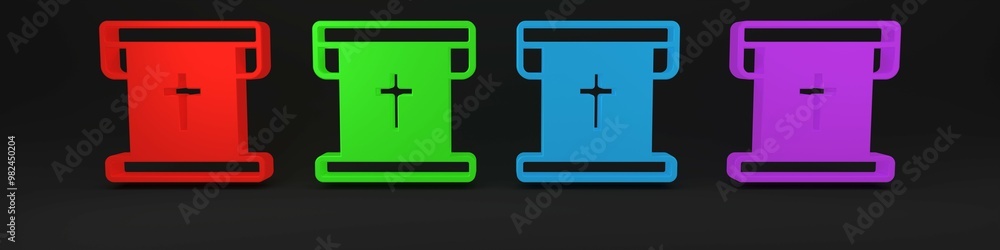 Fototapeta premium Colorful Flag with christian cross icon isolated on black background. Minimalism concept. 3D render illustration