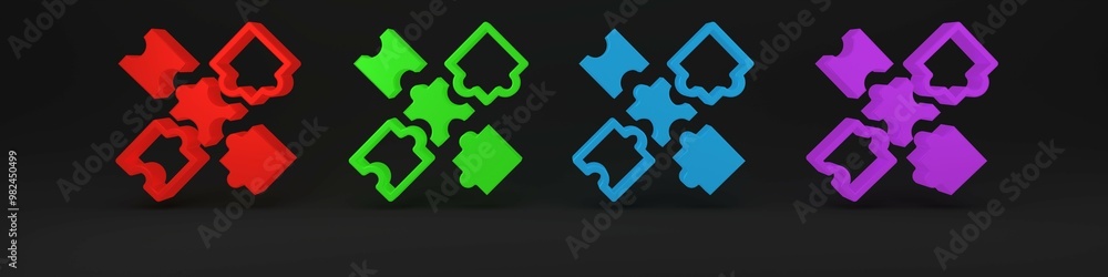 Colorful Puzzle pieces toy icon isolated on black background. Minimalism concept. 3D render illustration Colorful Puzzle pieces toy icon isolated on black background. Minimalism concept. 3D render illustration