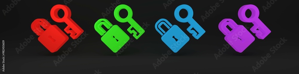 Colorful Lock with key icon isolated on black background. Love symbol and keyhole sign. Minimalism concept. 3D render illustration Colorful Lock with key icon isolated on black background. Love symbol and keyhole sign. Minimalism concept. 3D render illustration
