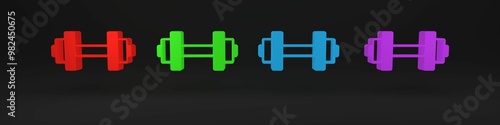Colorful Dumbbell icon isolated on black background. Muscle lifting, fitness barbell, sports equipment. Minimalism concept. 3D render illustration