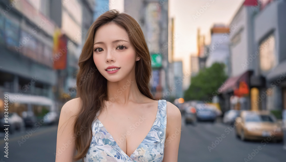 夕暮れの都会の街並みを背景に、花柄のドレスを着た女性の爽やかで魅力的なポートレート 夕暮れの都会の街並みを背景に、花柄のドレスを着た女性の爽やかで魅力的なポートレート