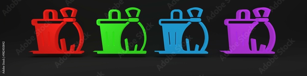 Colorful Trash can icon isolated on black background. Garbage bin sign. Recycle basket icon. Office trash icon. Minimalism concept. 3D render illustration
