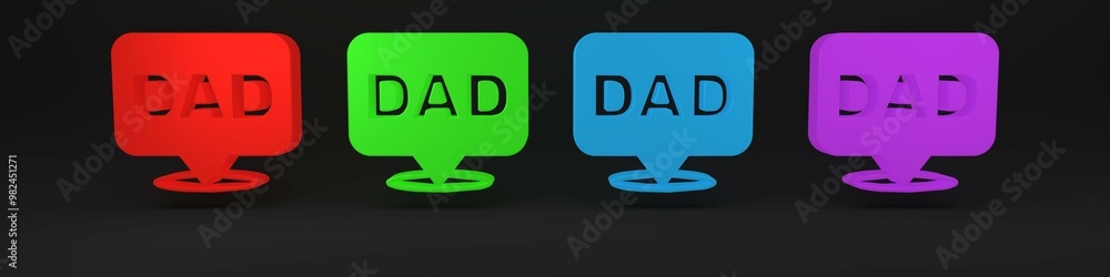 Colorful Speech bubble dad icon isolated on black background. Happy fathers day. Minimalism concept. 3D render illustration Colorful Speech bubble dad icon isolated on black background. Happy fathers day. Minimalism concept. 3D render illustration