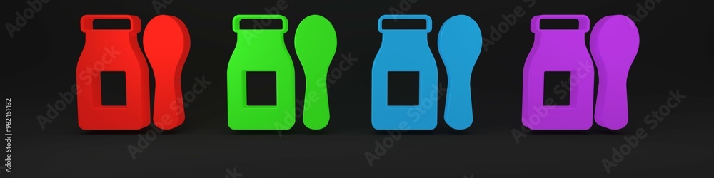Colorful Drinking yogurt in bottle with spoon icon isolated on black background. Baby food. Minimalism concept. 3D render illustration Colorful Drinking yogurt in bottle with spoon icon isolated on black background. Baby food. Minimalism concept. 3D render illustration