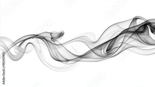 Curling tendrils of rich black smoke gracefully ascend and swirl in a mesmerizing dance, fading into soft gray hues on a blank backdrop, evoking a sense of tranquility.