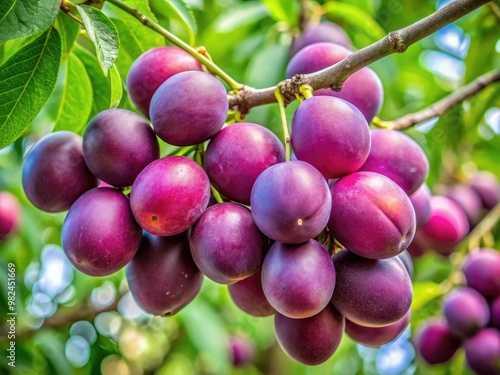 Deep-purple coco plums cluster on a tree branch, leaves green and luscious in the background. photo