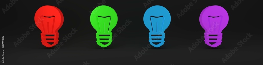 Colorful Light bulb with concept of idea icon isolated on black background. Energy and idea symbol. Inspiration concept. Minimalism concept. 3D render illustration Colorful Light bulb with concept of idea icon isolated on black background. Energy and idea symbol. Inspiration concept. Minimalism concept. 3D render illustration