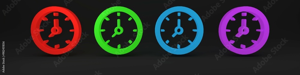 Colorful Clock icon isolated on black background. Time symbol. Minimalism concept. 3D render illustration Colorful Clock icon isolated on black background. Time symbol. Minimalism concept. 3D render illustration