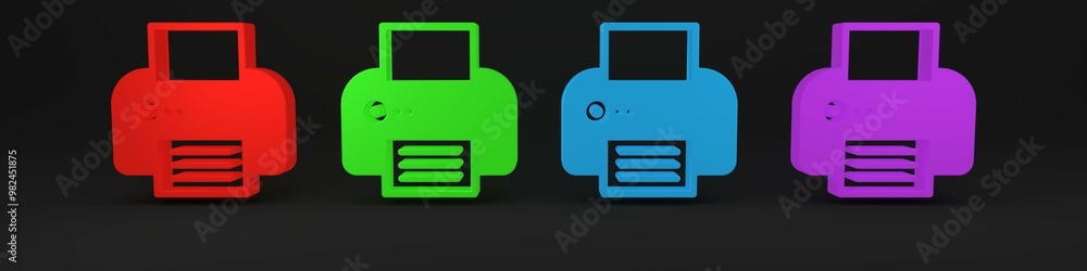 Colorful Printer icon isolated on black background. Minimalism concept. 3D render illustration Colorful Printer icon isolated on black background. Minimalism concept. 3D render illustration