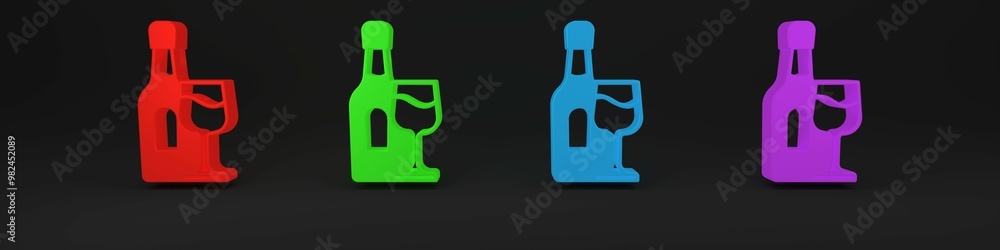 Colorful Wine bottle with glass icon isolated on black background. Minimalism concept. 3D render illustration Colorful Wine bottle with glass icon isolated on black background. Minimalism concept. 3D render illustration