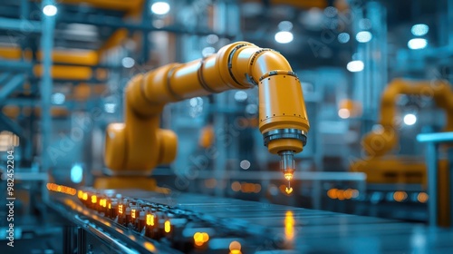 Close-up of an industrial robotic arm in a modern factory, showcasing advanced technology and automation in manufacturing