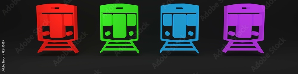 Colorful Train and railway icon isolated on black background. Public transportation symbol. Subway train transport. Metro underground. Minimalism concept. 3D render illustration Colorful Train and railway icon isolated on black background. Public transportation symbol. Subway train transport. Metro underground. Minimalism concept. 3D render illustration