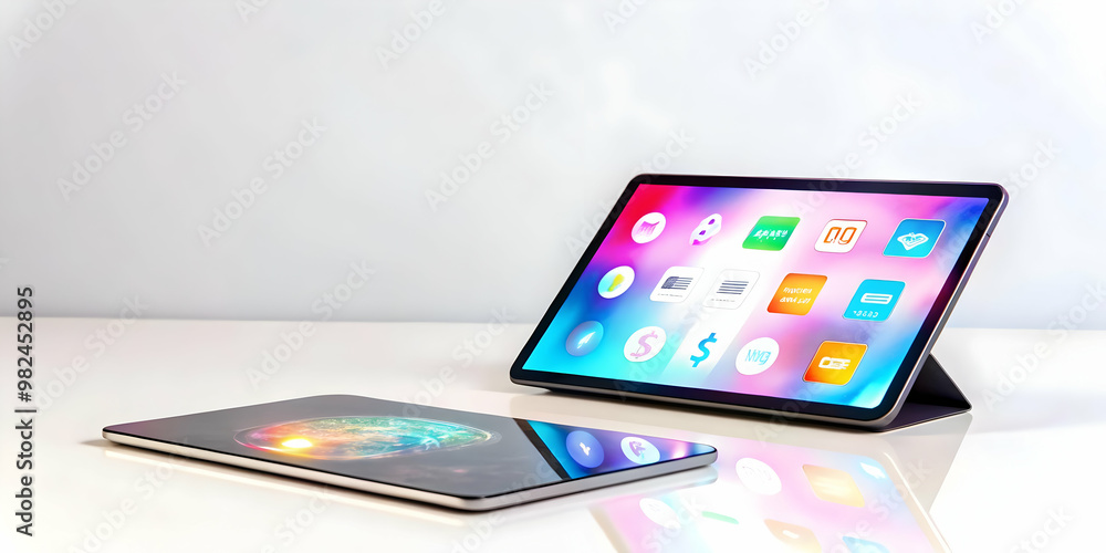 Flat Holographic Tablet with Floating Payment & Promotion Icons - Modern Digital Marketing Concept on Glossy White Background, Ideal for Branding & Advertising Flat Holographic Tablet with Floating Payment & Promotion Icons - Modern Digital Marketing Concept on Glossy White Background, Ideal for Branding & Advertising