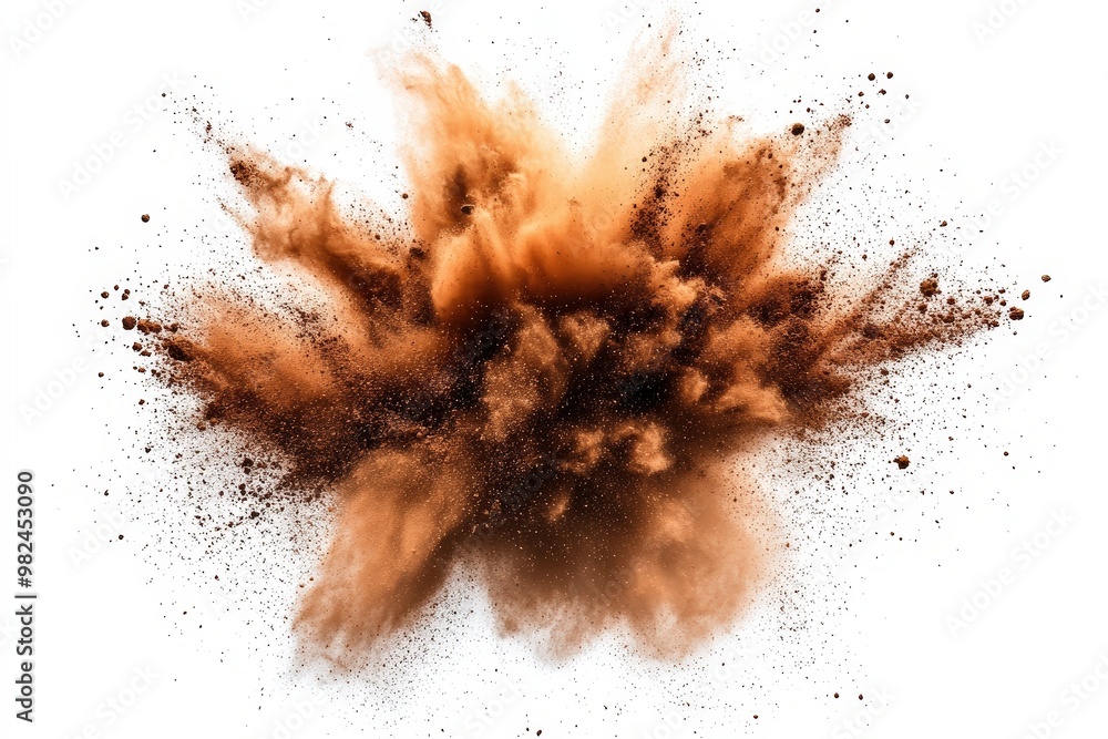 Explosive Brown Powder Burst on White Background Explosive Brown Powder Burst on White Background