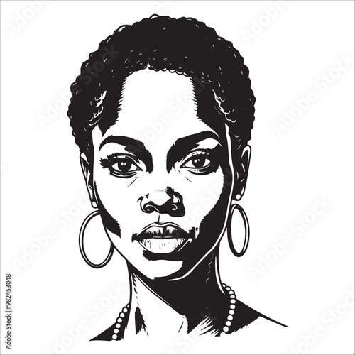 Portrait of beautiful African American woman. Black and white vector illustration.