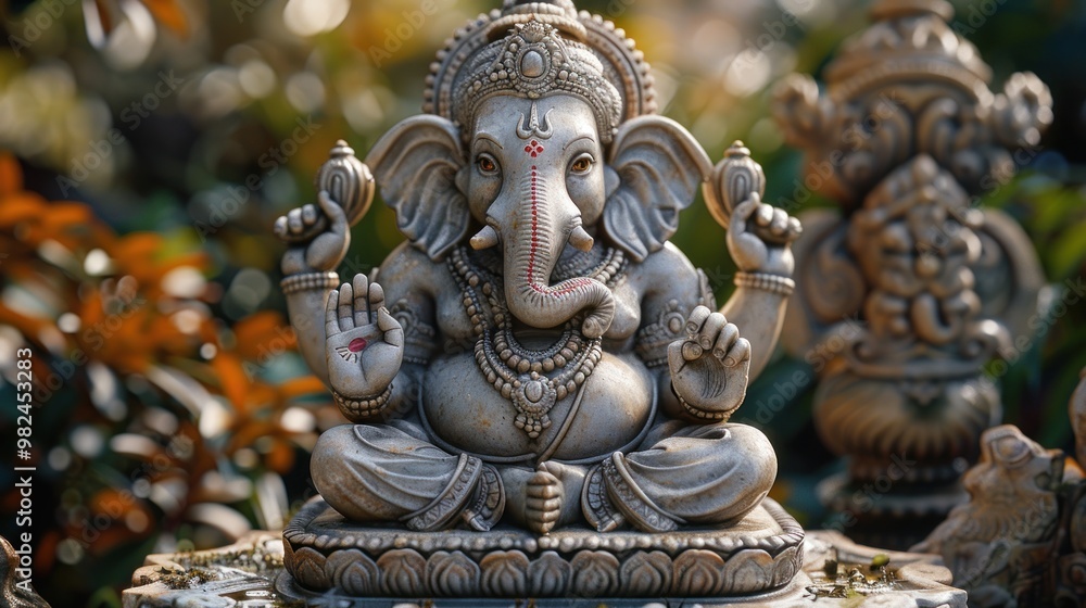 Majestic Ganesh statue resting in a lush garden surrounded by vibrant foliage during golden hour. Generative AI Majestic Ganesh statue resting in a lush garden surrounded by vibrant foliage during golden hour. Generative AI