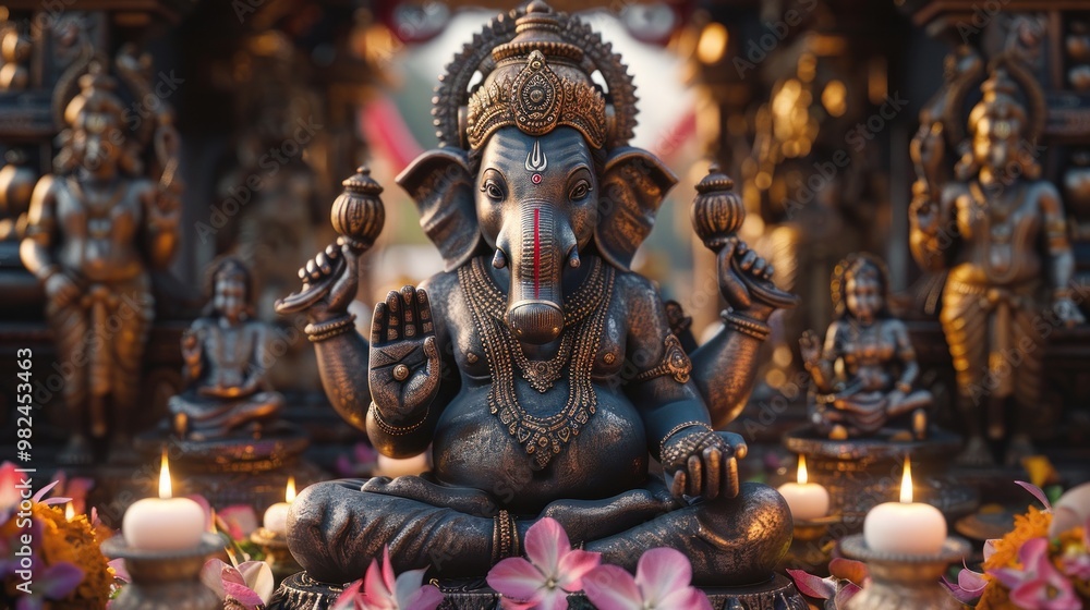 Obraz premium A divine celebration of Ganesh amidst vibrant flowers and glowing candles at a spiritual festival. Generative AI