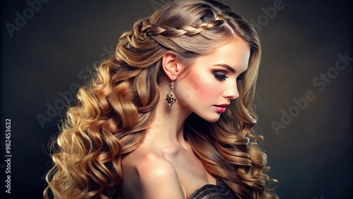 Elegant curls, braids, and loose waves cascade down the length of wavy, flowing long hair, exuding an air of refinement and sophistication. photo