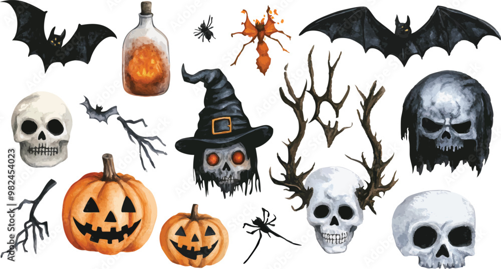 Obraz premium Halloween Watercolor Illustrations Set, Spooky and Festive Designs for Creative Projects
