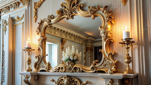 Elegant mirror hanging above a fireplace mantle showcasing intricate carvings and gold accents