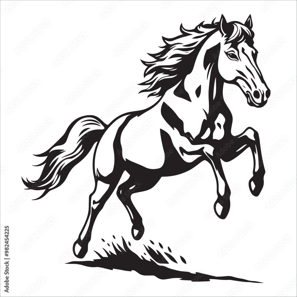Obraz premium Horse running on the grass, black and white vector illustration.
