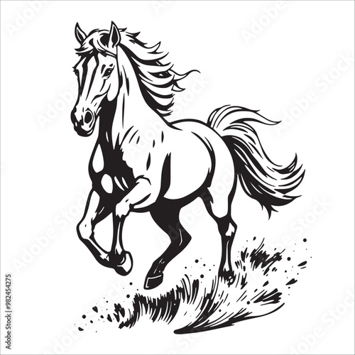 Horse running on the grass, black and white vector illustration.