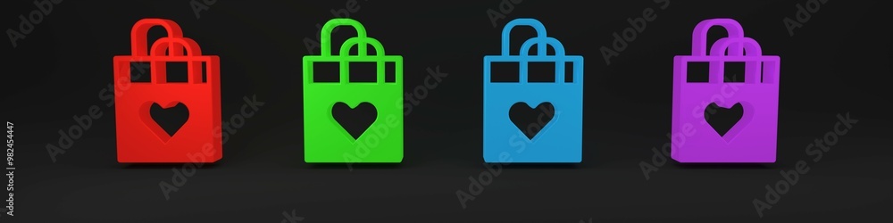 Obraz premium Colorful Shopping bag with heart icon isolated on black background. Shopping bag shop love like heart icon. Happy Valentines day. Minimalism concept. 3D render illustration