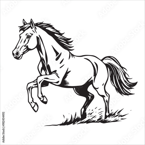 Horse running on the grass, black and white vector illustration.