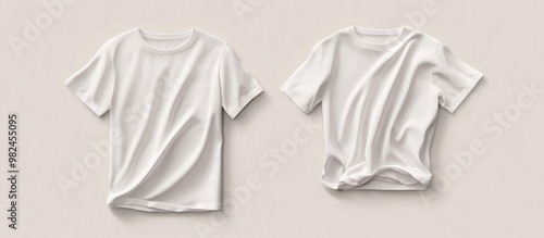 White t shirt mockup in flat lay style showcasing front and back views featuring crumpled fabric for print display Top view of a clear unisex undershirt with a round neckline in 3D design