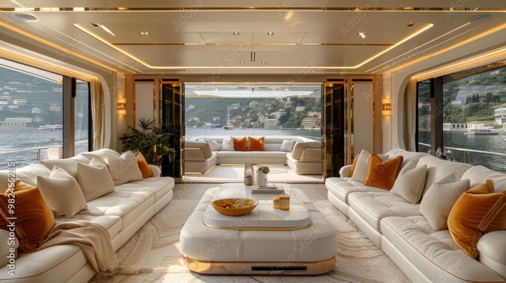 Luxurious yacht interior with elegant decor and stunning harbor views during a serene afternoon. Generative AI Luxurious yacht interior with elegant decor and stunning harbor views during a serene afternoon. Generative AI