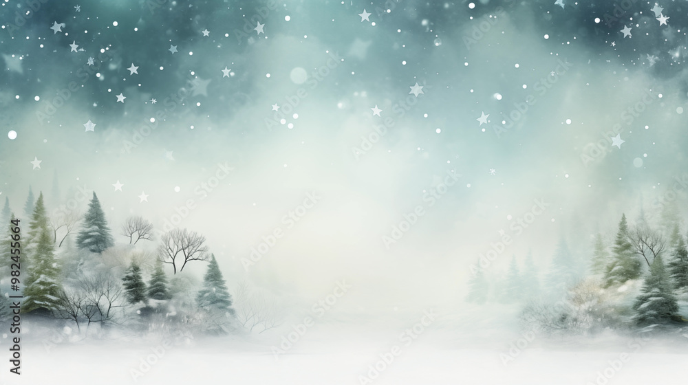 Naklejka premium Christmas background, Winter snow scene with pine trees and falling snowflakes.