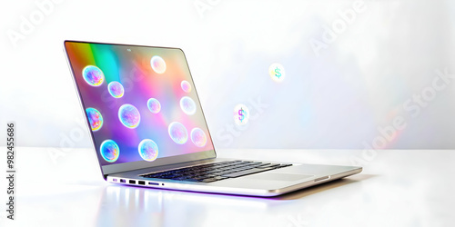 Flat Holographic Laptop on Glossy White Surface with Floating Demand & Payment Icons | Ideal Copy Space for Modern Business Content