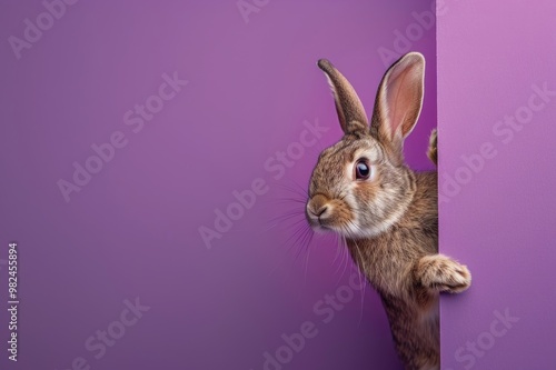 Curious rabbit peeking around the corner, on a purple background, created using Generative AI technology. Copy space.