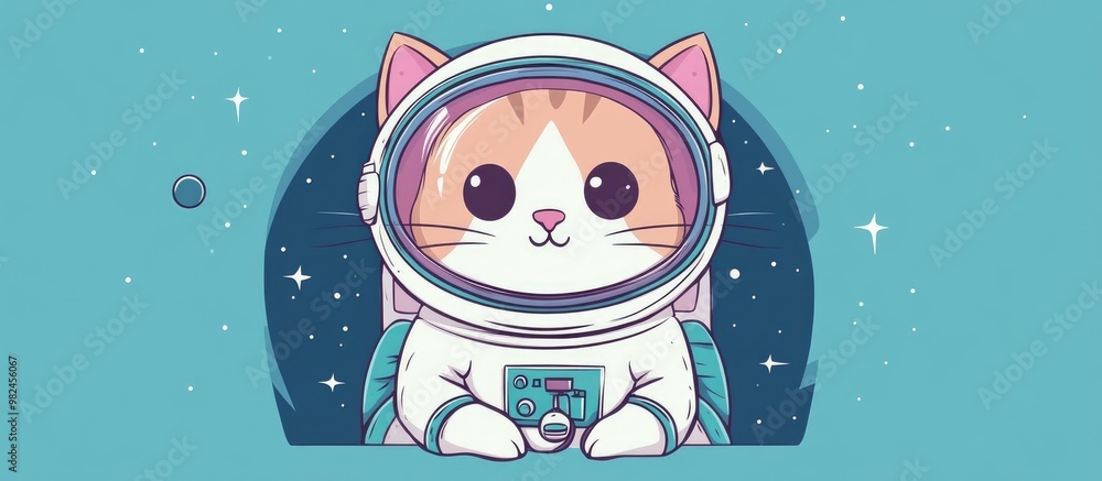 Naklejka premium Cartoon cat in a cute flat color style dressed as an astronaut