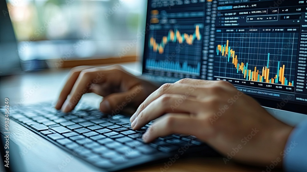 Close-up of hands typing financial reports on a computer keyboard Close-up of hands typing financial reports on a computer keyboard