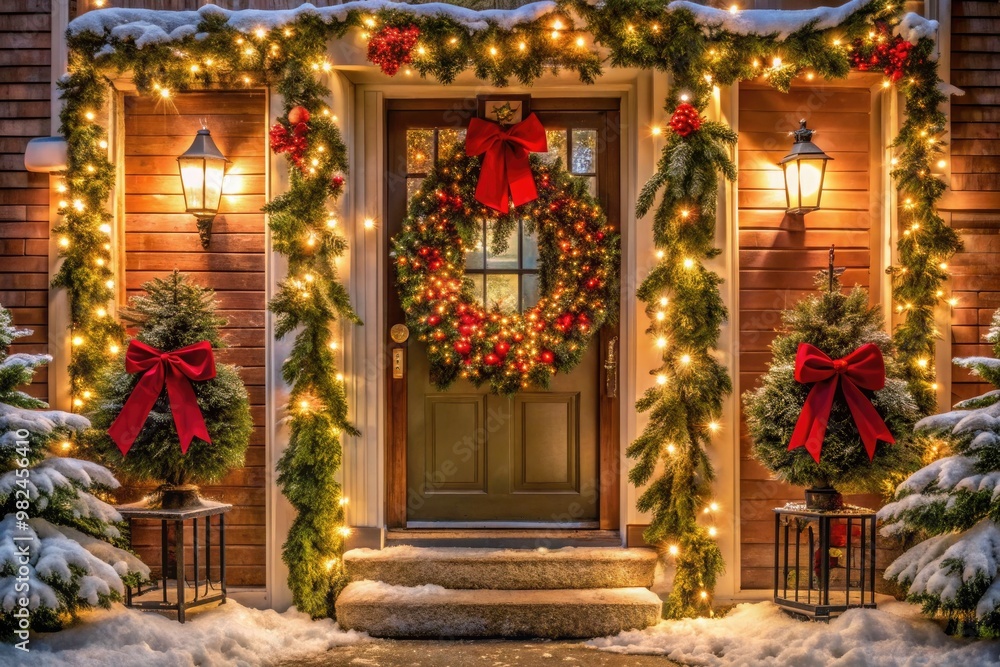 Festive entrance radiates warmth with a wreath of fresh greenery, flowing garland, and delicate ribbon, sparkling with twinkling lights that dance in the evening breeze. Festive entrance radiates warmth with a wreath of fresh greenery, flowing garland, and delicate ribbon, sparkling with twinkling lights that dance in the evening breeze.