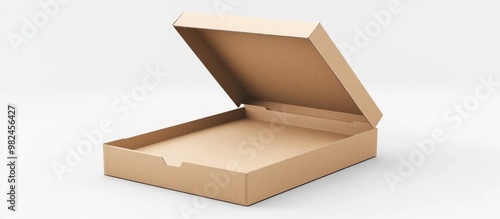 3D rendering of a tilted open blank brown pizza box on a white background viewed from the side