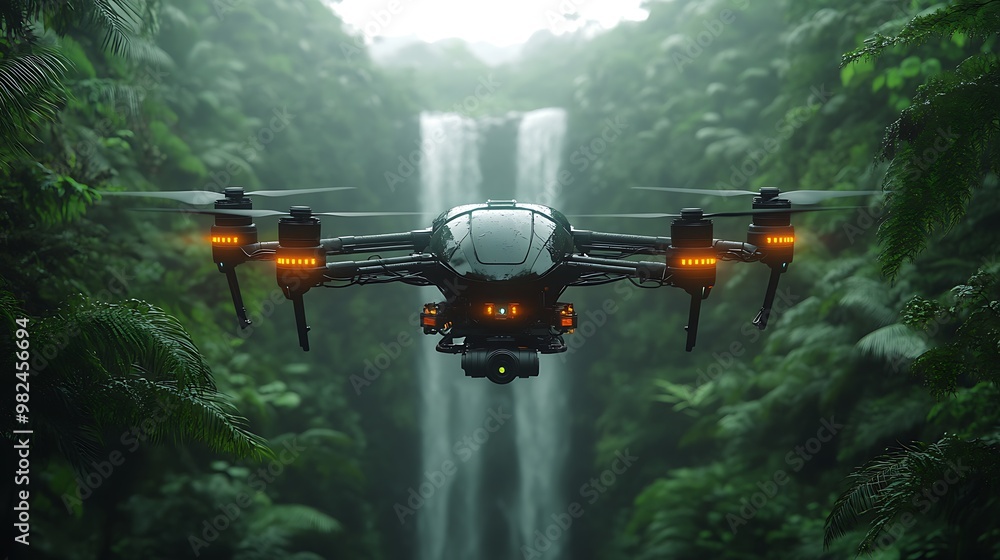 Black drone flying over a waterfall in a lush green jungle. Black drone flying over a waterfall in a lush green jungle.