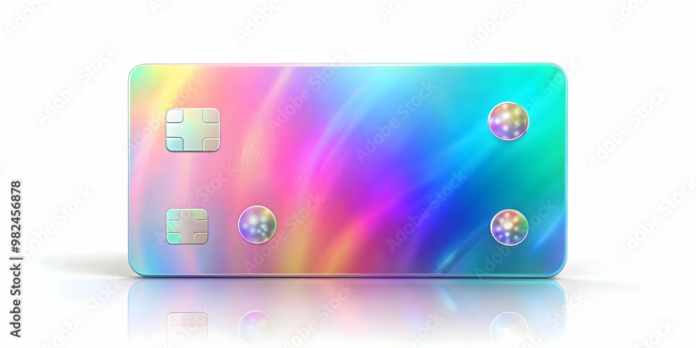 Holographic Credit Card on Glossy White Surface with Floating Demand Icons for Modern Financial Transactions - Ample Copy Space for Branding Holographic Credit Card on Glossy White Surface with Floating Demand Icons for Modern Financial Transactions - Ample Copy Space for Branding