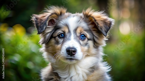 Fluffy, playful mixed breed puppy captures hearts with piercing blue eyes shining bright amidst mottled gray and white fur, a bundle of energetic joy. photo