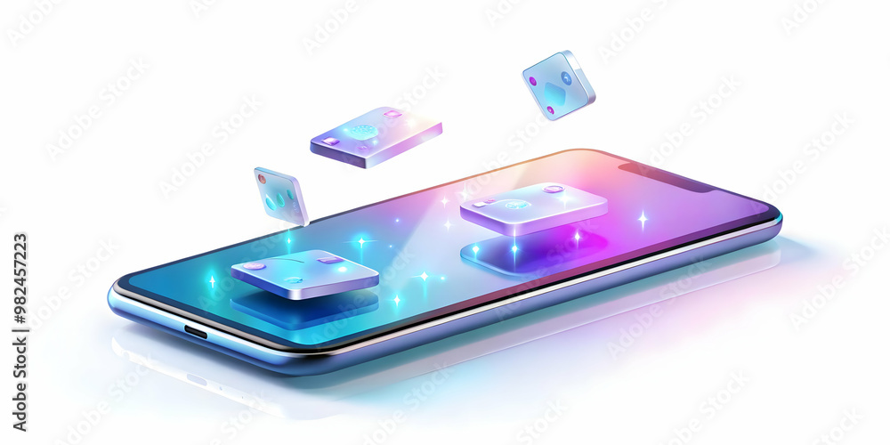 3D Holographic Smartphone with Floating App Icons - Glossy Design with Futuristic Aura & Blank Copy Space for Branding 3D Holographic Smartphone with Floating App Icons - Glossy Design with Futuristic Aura & Blank Copy Space for Branding