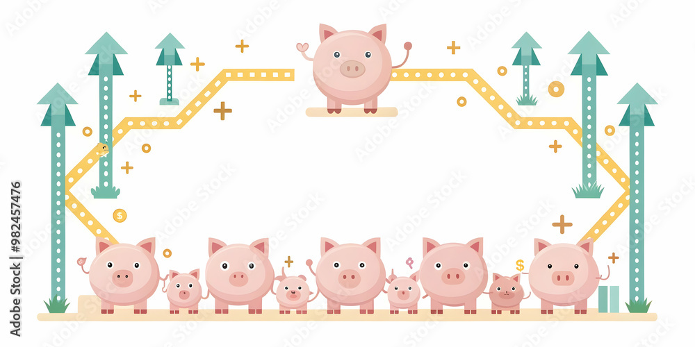 Flat Border Frame Design Featuring Piggy Banks and Profit Arrows for Financial Planning Content � Ideal for Savings and Profitability Visuals Flat Border Frame Design Featuring Piggy Banks and Profit Arrows for Financial Planning Content � Ideal for Savings and Profitability Visuals