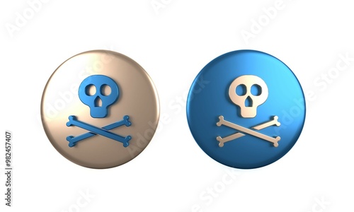 Colorful Bones and skull as a sign of toxicity warning icon isolated on white background. Circle button. 3D render illustration