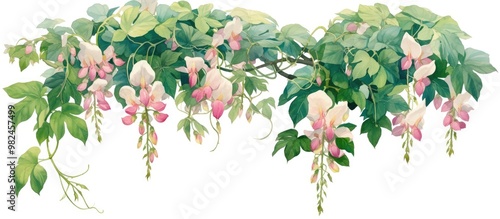 Painting of bleeding glory bower flower and bleeding heart vine with lush green leaves set against a white background with a clipping path photo