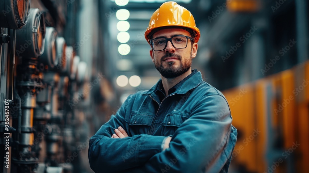 Construction worker in safety gear confidently stands in industrial facility during daytime showcasing expertise and determination Construction worker in safety gear confidently stands in industrial facility during daytime showcasing expertise and determination