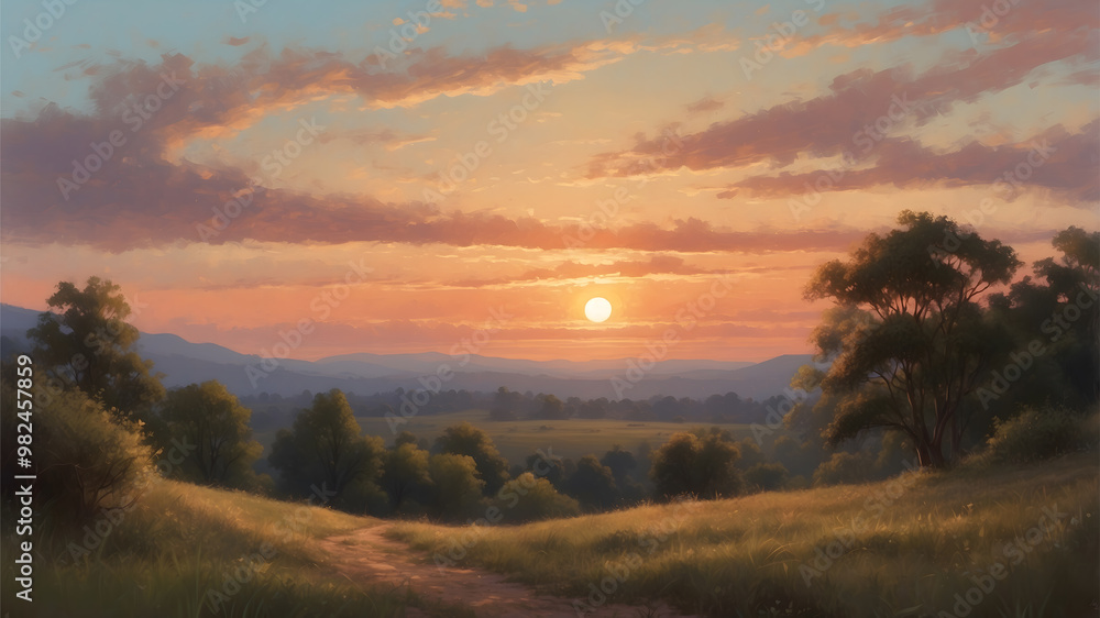 A sunset over a serene landscape with vibrant clouds and a path through fields A sunset over a serene landscape with vibrant clouds and a path through fields