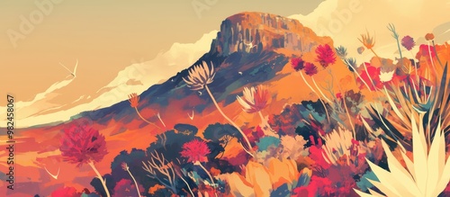 Artwork depicting the summit of a mountain adorned with vibrant fynbos and blossoms photo