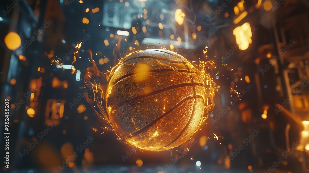 A glowing basketball surrounded by flames in an urban setting during a nighttime game, showcasing energy and excitement A glowing basketball surrounded by flames in an urban setting during a nighttime game, showcasing energy and excitement
